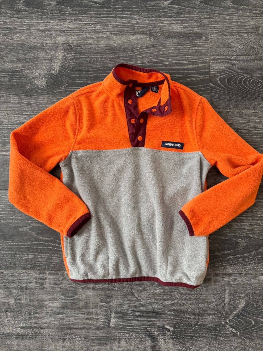 Lands' End Orange and Light Gray Kids Fleece Pullover with Burgundy Trim